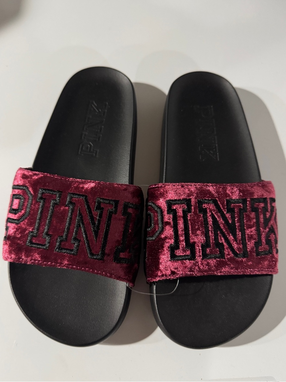 PINK Victoria's Secret Black Slide Sandals with Burgundy Velvet Strap